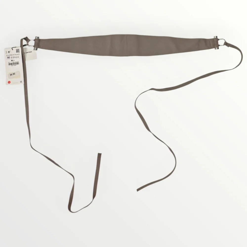 Zara Genuine Leather Tie Waist Belt Taupe Brown Wide Wrap Obi Size 30 (80) NWT